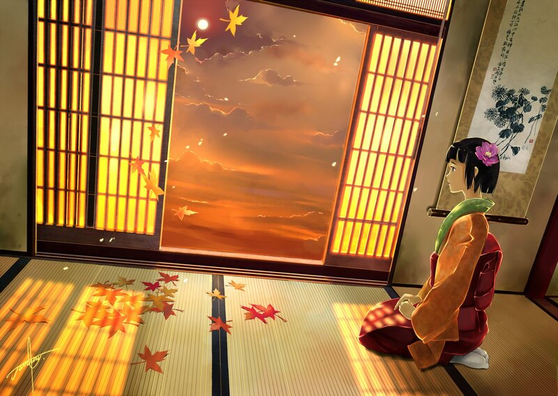 Girl in kimono at sunset
