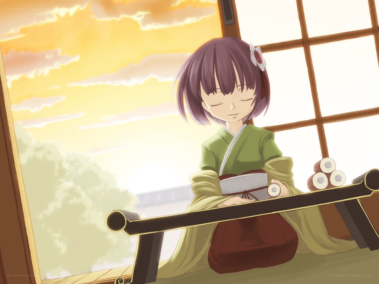 girl in kimono at sunset