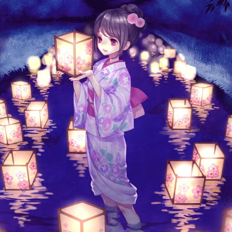 Girl in Kimono Holding Lantern — Purple