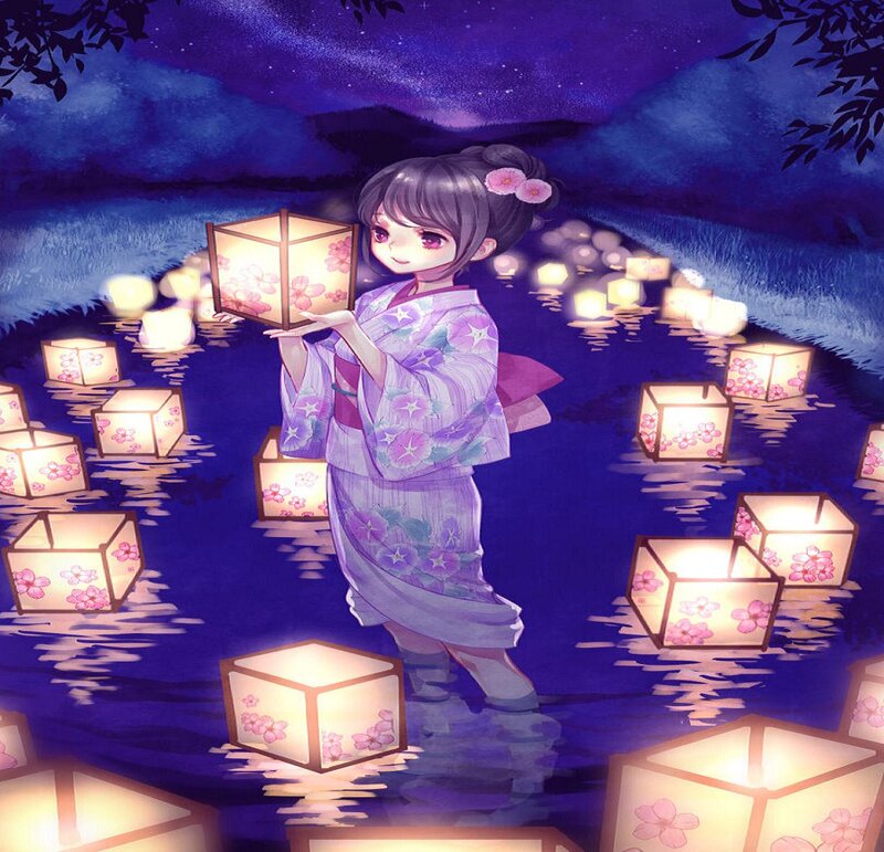 Girl in Kimono Holding Lantern