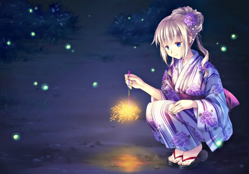 Girl in Kimono Holding Sparkler
