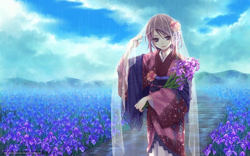 girl in kimono in rain