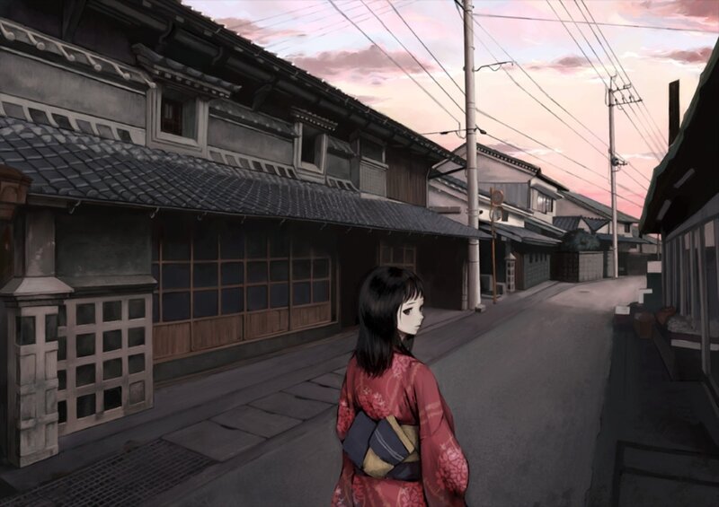 girl in kimono on a quiet street