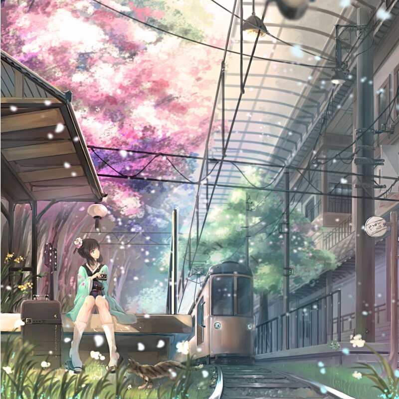 Girl in Kimono on Train Platform