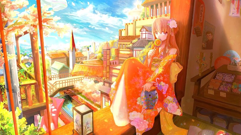 Girl in Kimono — Orange, Serene, Spring, Anime