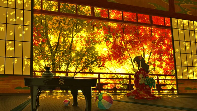 Girl in Kimono — Red, Serene, Autumn, Anime