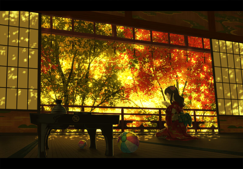 Girl in Kimono — Red, Serene, Autumn, Digital Art
