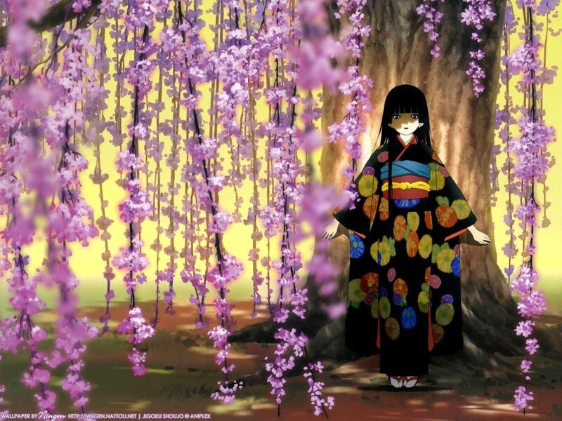 girl in kimono under cherry blossoms