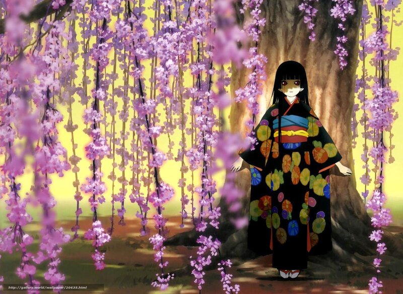 girl in kimono under cherry blossoms