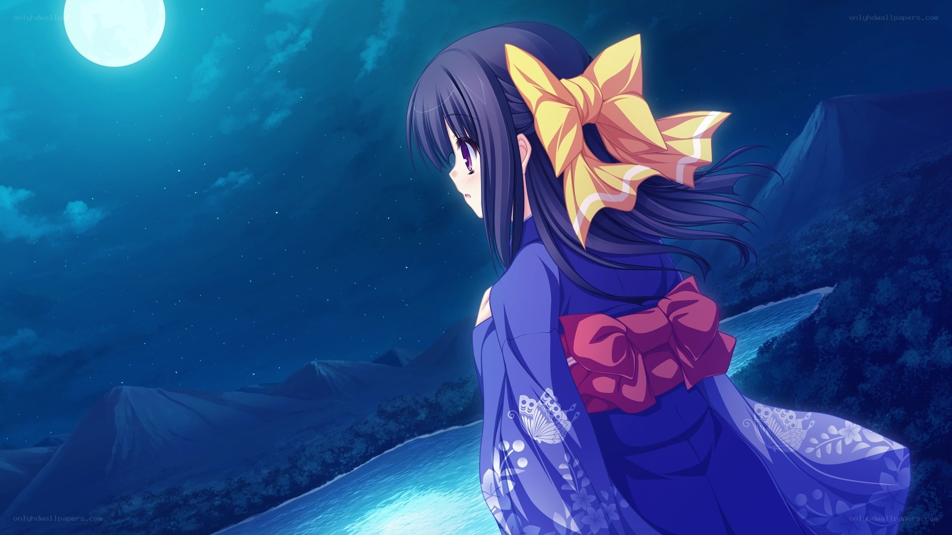 girl in kimono under moonlight