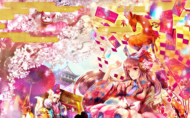 Girl in Kimono with Animals