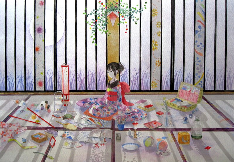 Girl in kimono with art supplies