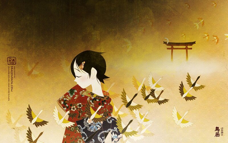 Girl in kimono with birds
