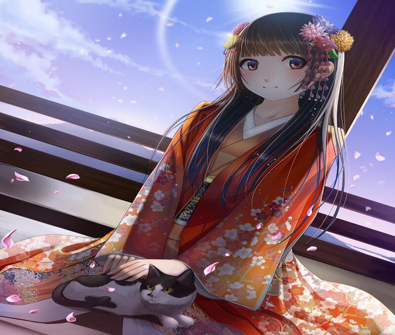Girl in Kimono with Cat — Orange