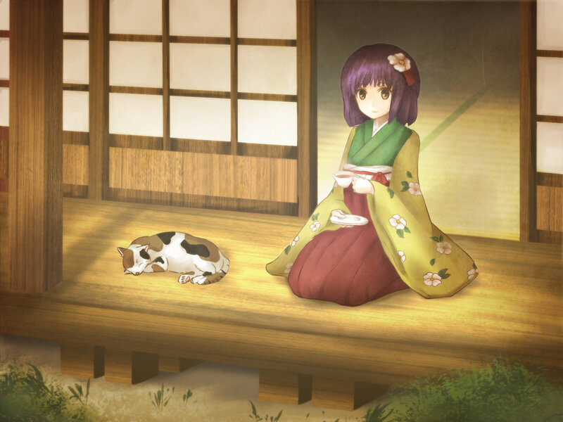 Girl in Kimono with Cat