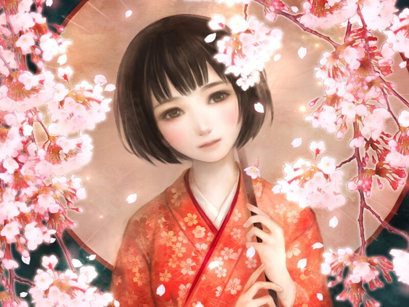 girl in kimono with cherry blossoms