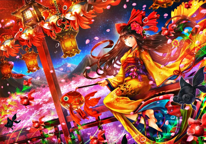 Girl in Kimono with Fish — Red