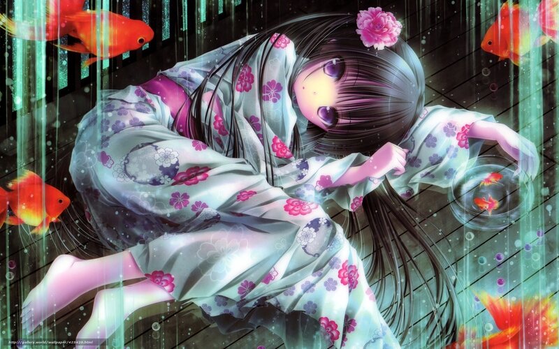 girl in kimono with goldfish