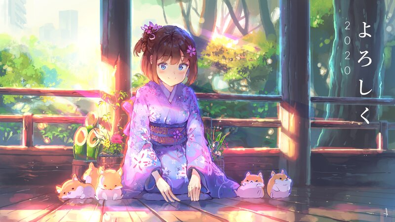 Girl in Kimono with Hamsters