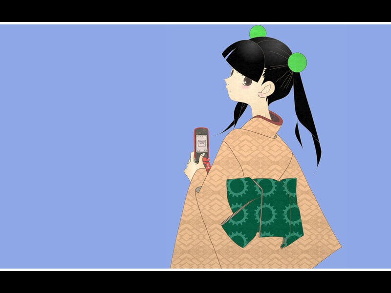 girl in kimono with phone