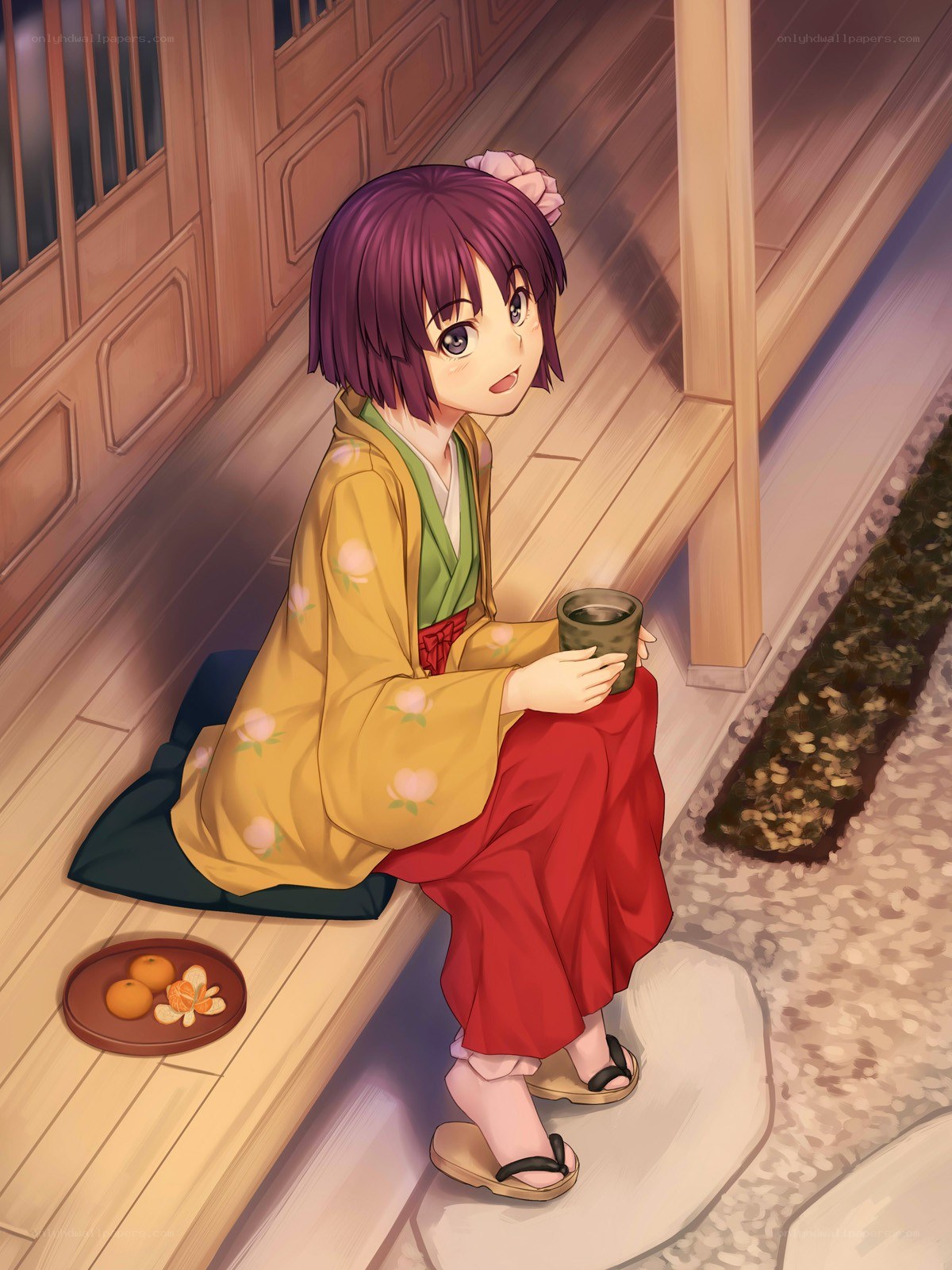 girl in kimono with tea