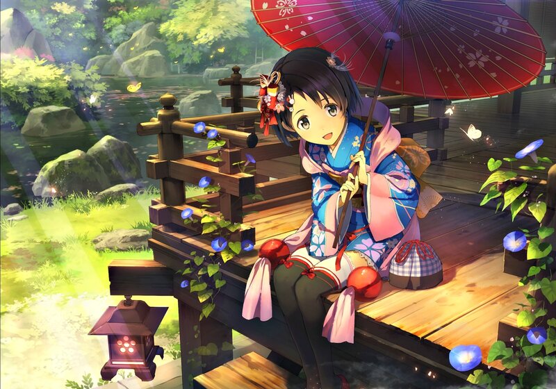 Girl in Kimono with Umbrella — Blue