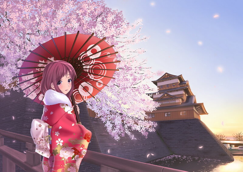 Girl in Kimono with Umbrella — Pink