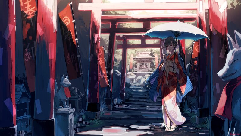 Girl in Kimono with Umbrella — Red