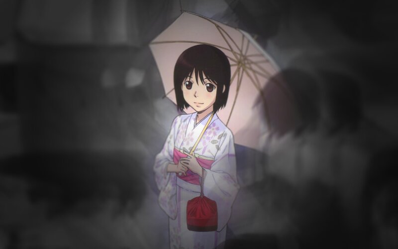 Girl in Kimono with Umbrella — White, Dramatic