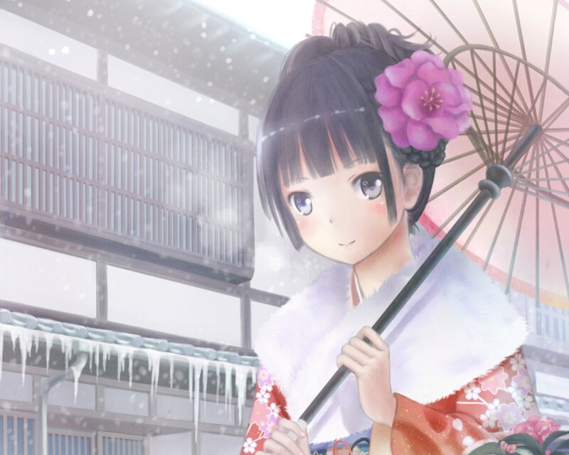 Girl in Kimono with Umbrella — White