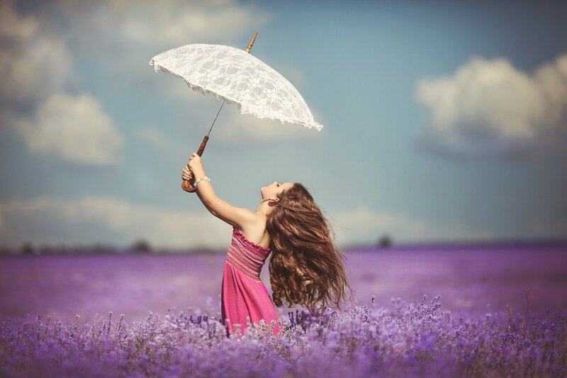 Girl in Lavender Field — Purple, Serene, Afternoon, Photograph, Umbrella