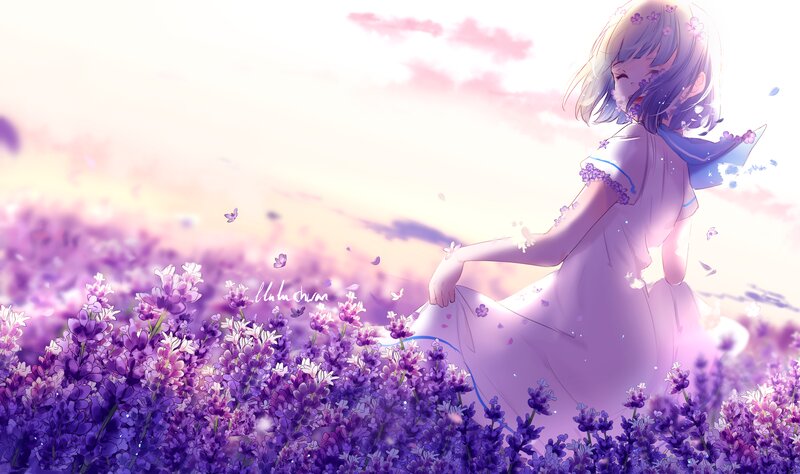 Girl in Lavender Field — Purple, Serene, Sunset, Digital Art