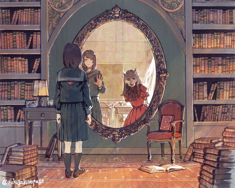 Girl in Library Mirror