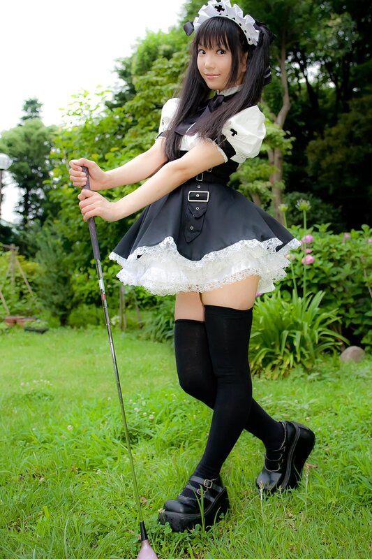girl in maid outfit with golf club