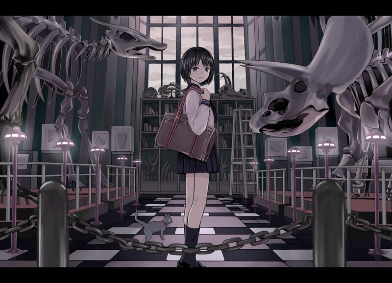 girl in museum with dinosaur skeletons