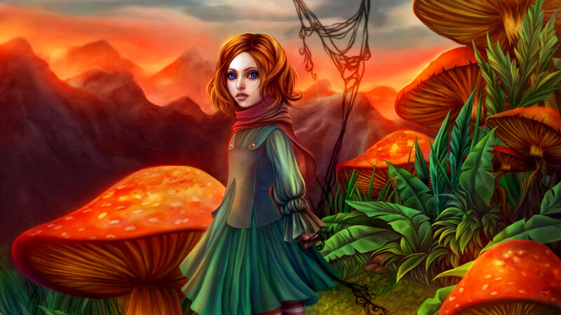 Girl in Mushroom Forest — Red, Dramatic, Sunset