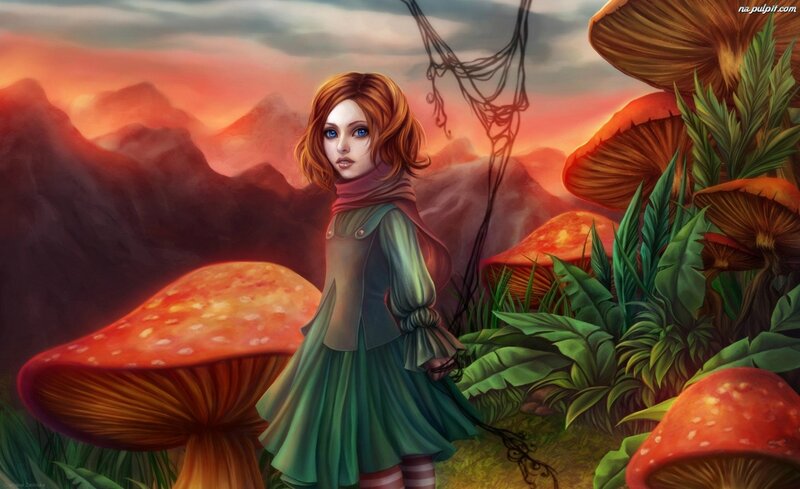 Girl in Mushroom Forest — Red, Dramatic