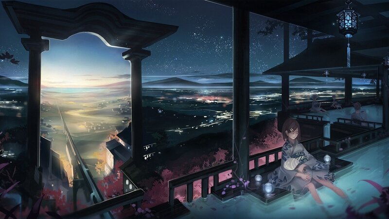 Girl in Onsen at Night — Blue