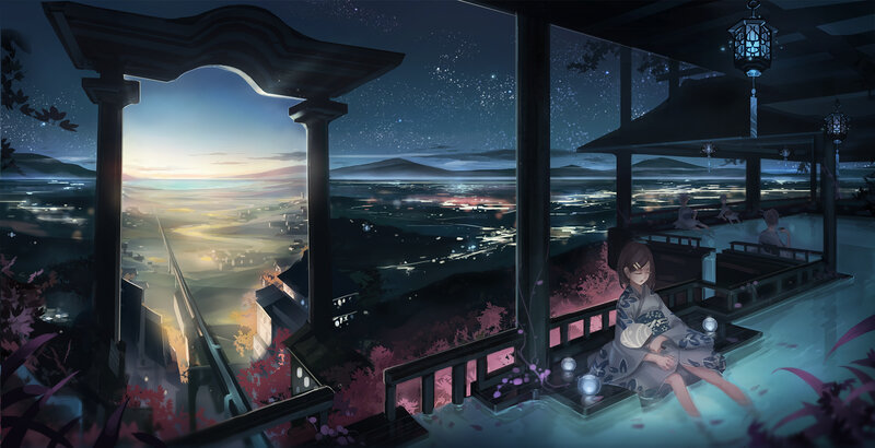 Girl in Onsen at Night