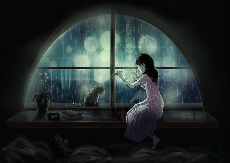 Girl in Pajamas at Window
