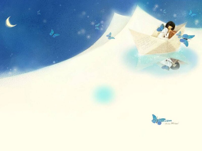 Girl in paper boat under moonlight