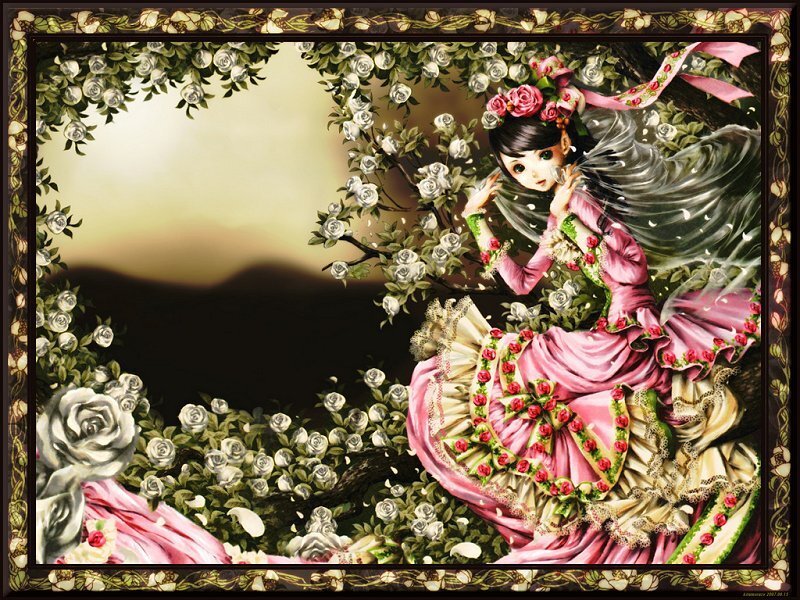 girl in pink dress among roses