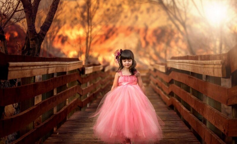 Girl in Pink Dress — Dramatic, Sunset, Photograph, Bridge