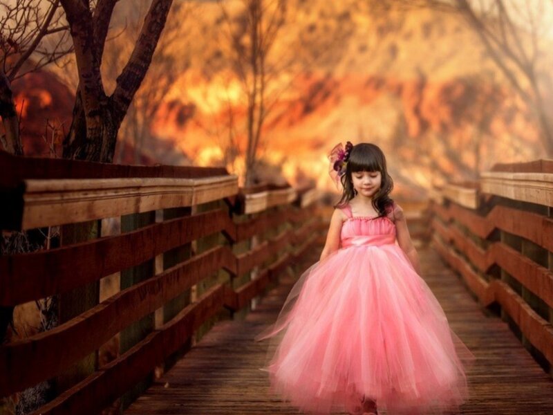 Girl in Pink Dress — Dramatic, Sunset, Photograph, Bridge, Trees