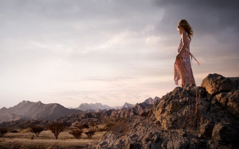 Girl in Pink Dress — Dramatic, Sunset, Photograph, Mountains