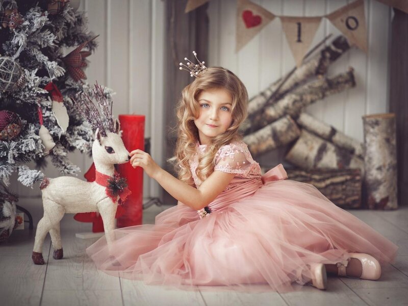 Girl in Pink Dress — Festive, Winter, Photograph, Christmas Tree, Deer Figurine