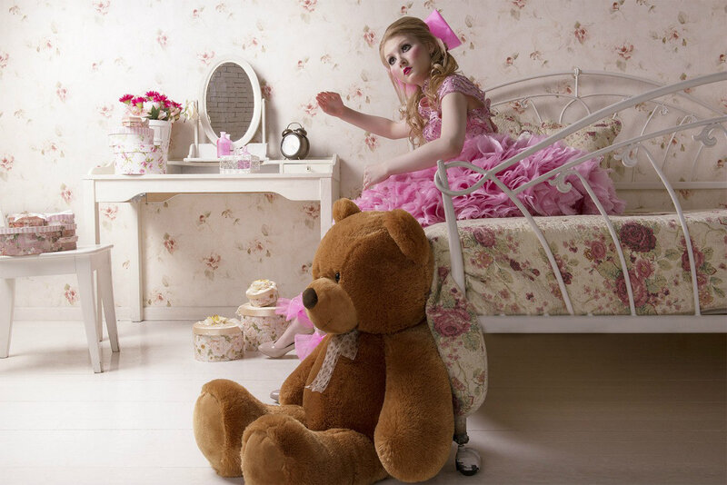 Girl in Pink Dress — Playful, Photograph, Teddy Bear, Dresser