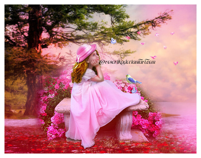 Girl in Pink Dress — Serene, Sunset, Digital Art