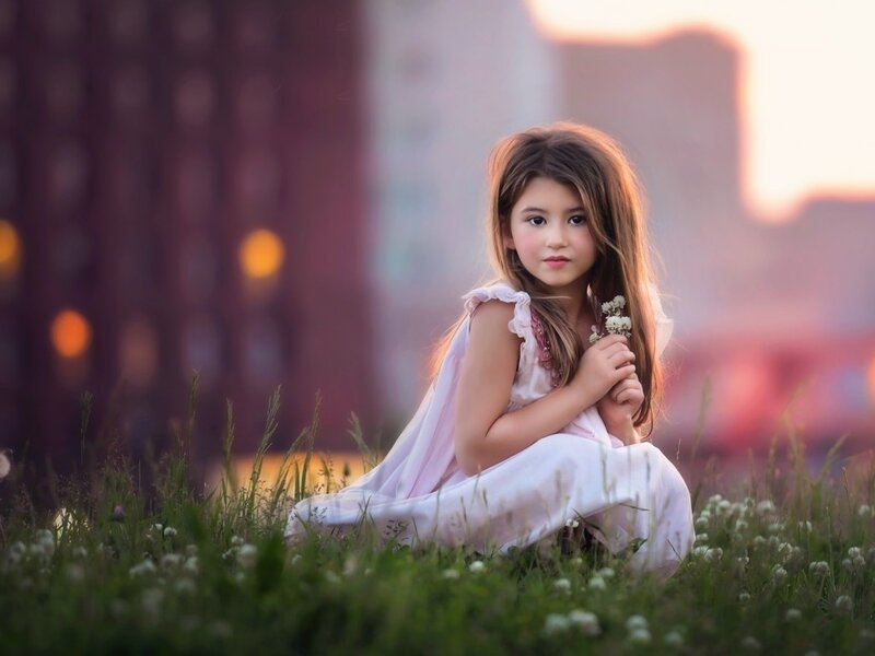 Girl in Pink Dress — Serene, Sunset, Photograph, Flowers