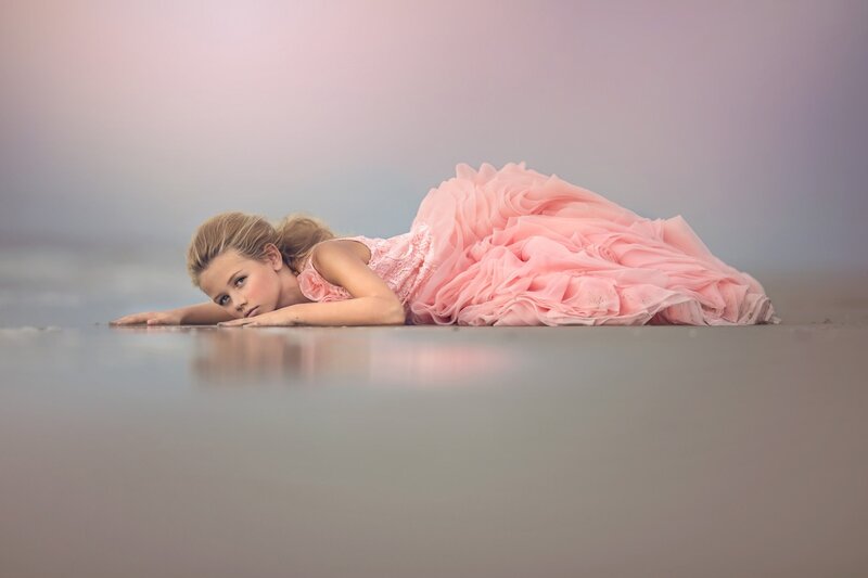 Girl in Pink Dress — Serene, Sunset, Photograph, Sand, Reflection